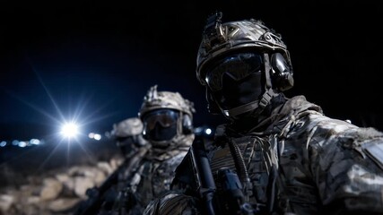 Soldiers in dark combat uniforms stand firmly in dimly lit field, helmets with mounted optics gleaming softly, mood serious and professional, symbol of commitment and vigilance
