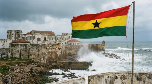 The flag of ghana flutters like a proud bird above the fort and roaring sea.