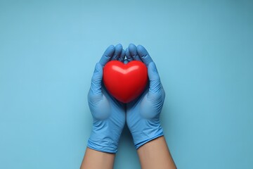 Doctor hands in blue gloves gently holding red heart on blue background, healthcare compassion support and medical care concept image