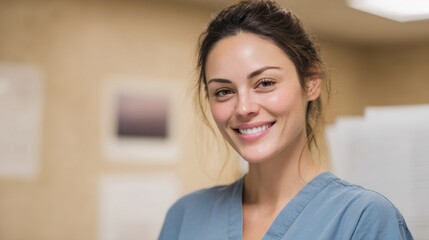 Woman with a smile on her face is wearing a blue scrubs