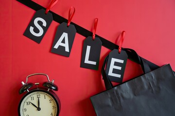 Black Friday Sale Concept with Tags Clock and Shopping Bag on Red Background