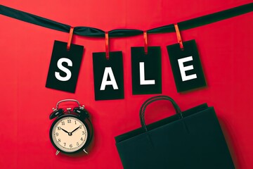 Black Friday Sale Concept with Tags Clock and Shopping Bag on Red Background