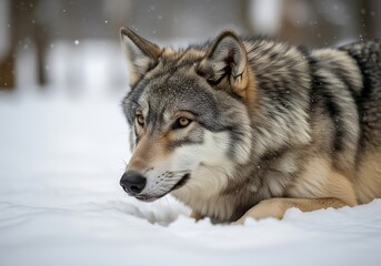 Obraz premium Majestic wolf rests in soft falling snow during winter.