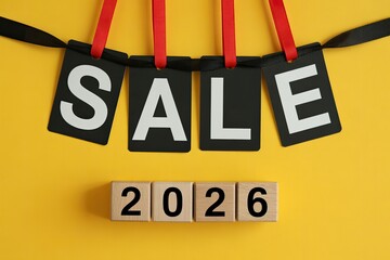 2026 Sale Announcement with Hanging Black Tags and Wooden Number Blocks on Yellow Background