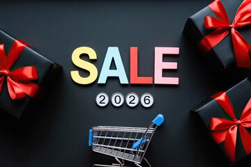 2026 Sale Promotion with Colorful Letters Shopping Cart and Red Ribbon Gift Boxes