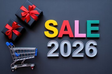 2026 Holiday Sale Promotion with Colorful Letters Gift Boxes and Silver Numbers