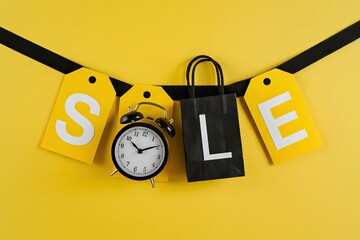 Yellow Sale Background with Black Shopping Bag and Alarm Clock for Discount Campaign