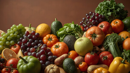 Abundant assortment of fresh green grapes, red tomatoes, and orange tangerines arranged on a light brown surface