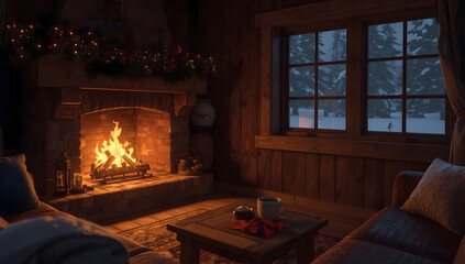 Cozy wooden cabin interior with glowing fireplace, red accents, and snow-covered window view
