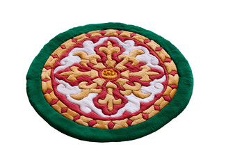 Traditional embroidery round rug with golden floral red pattern texture isolated transparent background, png