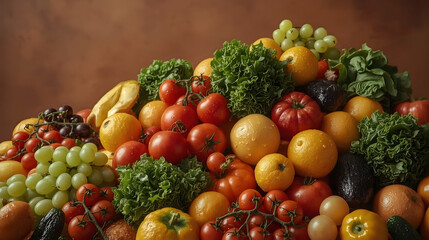 Abundance of Red Tomatoes, Green Grapes, and Oranges with Fresh Lettuce on a Brown Textured Surface