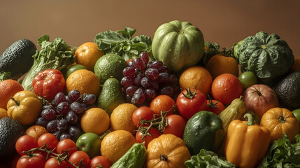 Abundant Harvest of Colorful Fruits and Vegetables in a Still Life Arrangement on Brown Backdrop