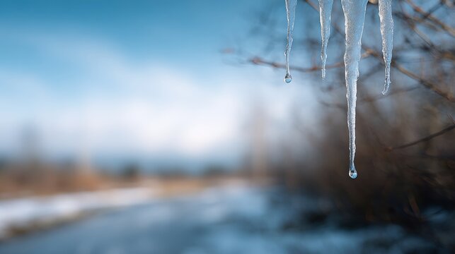 Frozen icicle hangs from a tree branch