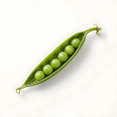 Fresh green pea pod split open revealing six vibrant peas on a pure white background