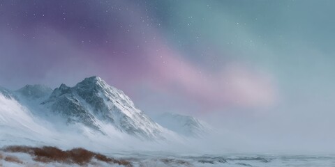 Mountain range covered in snow and a sky with a purple hue