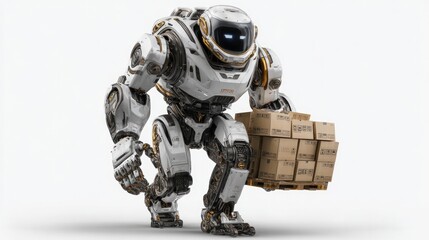 Robotic Courier: A futuristic robot efficiently transports a stack of packages, embodying the innovation and advancement of technology in logistics and delivery.