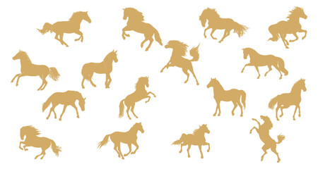 Set of gold horses silhouettes