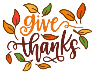 Obraz premium Give Thanks – Fall Leaf Lettering with Colorful Foliage