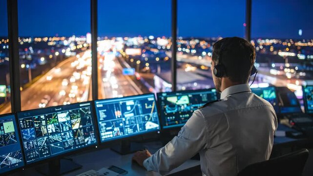 Male operator in front of multiple monitors viewing transportation network, city lights at night through control tower window.