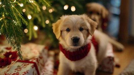 Rescue puppies wearing tiny Christmas scarves playing near a glowing tree as volunteers wrap adoption gift boxes — joyful and emotional concept symbolizing hope, new beginnings, and the spirit of