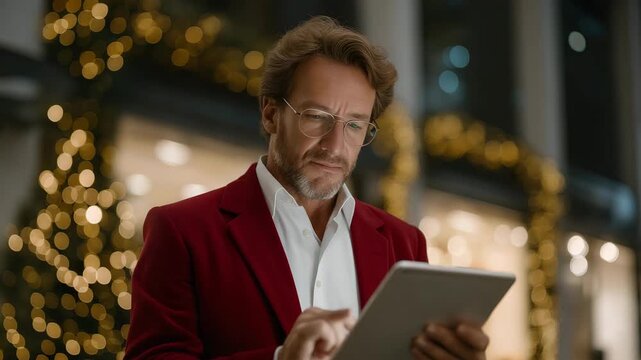 Santa wearing a sleek red blazer and glasses analyzing stock trends on tablet with Christmas lights in background — representing smart financial planning, year-end profit review, and festive