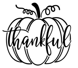 Thankful Pumpkin Outline. Fall Thanksgiving Calligraphy Lettering Quote