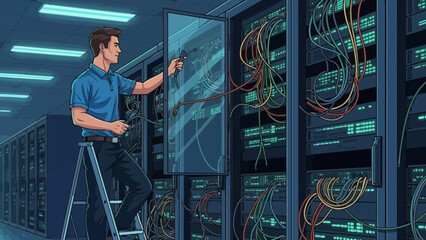 System administrator in data center inspecting server hardware with complex cable management, ensuring optimal network performance and security