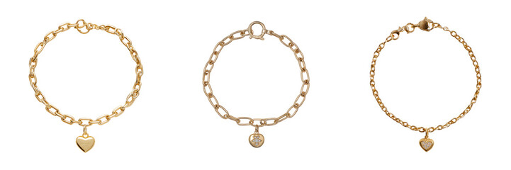 Obraz premium Elegant gold heart charm bracelets with transparent background jewelry display studio setting