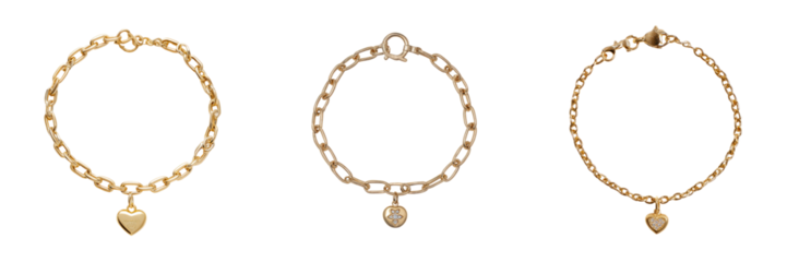 Elegant gold heart charm bracelets with transparent background jewelry display studio setting