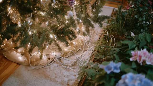 Top-down view of Christmas tree base, messy lights plugged into crowded extension cord on carpet, warm festive ambiance contrasted with dangerous setup