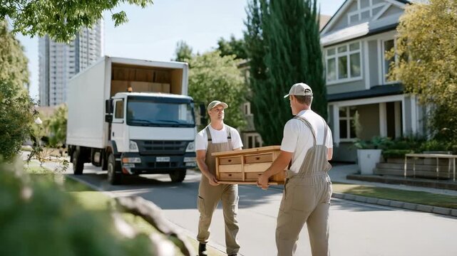 Smiling movers carrying a wooden dining table from a cozy townhouse into a modern moving truck &mdash; perfect balance of human teamwork, craftsmanship, and lifestyle transition in a picturesque suburban