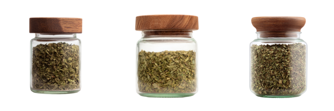 Herb mason jars with transparent background kitchen culinary photography minimalist style