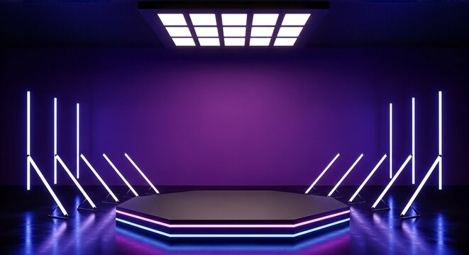 Futuristic Stage with Neon Lights and Octagonal Podium, Purple and Blue Glow