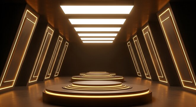 Futuristic Neon Corridor with Circular Platforms, Modern Interior Design - Powered by Adobe