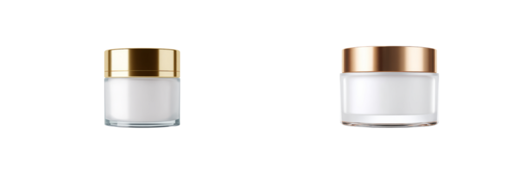 Minimalist studio photography of elegant cosmetic jars with transparent background