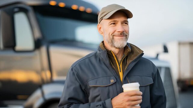 Truck driver starting his early morning routine at a quiet highway rest stop, sipping hot coffee beside his gleaming semi-truck as the sun begins to rise &mdash; a cinematic portrayal of dedication,