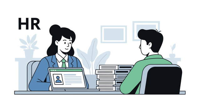 Human Resources Interview: Candidate meeting with a Human Resources Representative for a job interview and recruitment process in the office, Vector Illustration