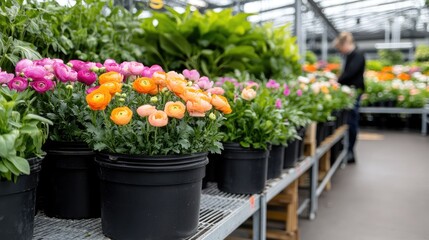Colorful ranunculus flowers arranged in pots in a garden center with a customer selecting plants in the background during the spring season