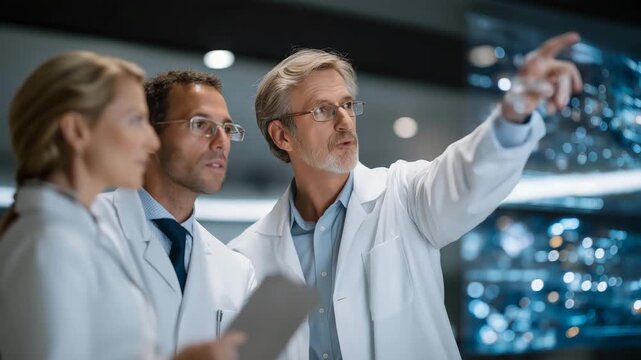 Wide-angle of medical team pointing at floating visualizations of infection trends, vaccine rollout, and predictive models &mdash; representing real-time medical collaboration, interdisciplinary