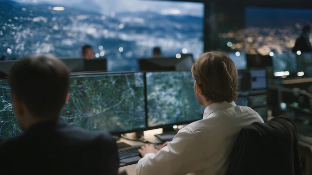 Wide-angle view of multi-analyst cyber lab tracking simulated attacks on secure networks, symbolizing defensive cyber operations, futuristic military technology, and proactive threat mitigation.