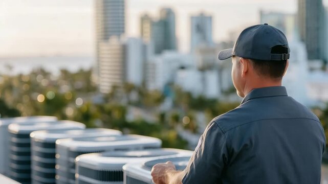 Wide shot of man working on commercial rooftop AC unit, multiple units lined up, rooftop reflected in sunlight, technician performing preventive maintenance