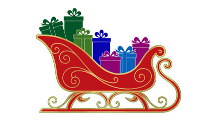 A festive red and gold sleigh overflowing with colorful Christmas presents, ready for Santa Claus.