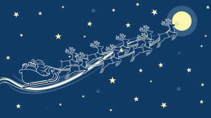 Santa Claus and his reindeer flying through the night sky with a full moon.