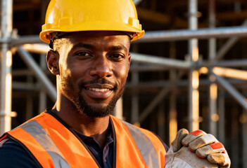 Portrait of a confident Black construction worker smiling. Professional male engineer in a hard hat and safety vest at a building site. Skilled labor and industrial career concept