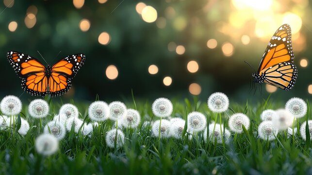 Colorful butterflies flutter above blooming dandelions in a sunlit meadow filled with twinkling bokeh