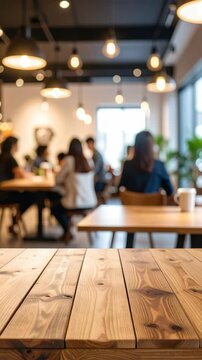 Blurred cafe scene with wooden table in foreground showing people chatting and ambient lighting, creates inviting atmosphere
