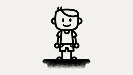 A simple, black and white line drawing of a smiling cartoon boy standing on a textured base, depicted in a minimalist doodle style.