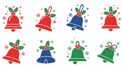 Collection of eight Christmas bells with holly and berries, festive holiday decorations.