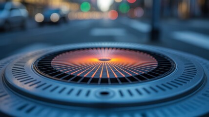 Circular device has glowing orange-red radial lights emanating from its center.