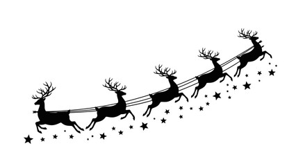 Black silhouette of Santa's reindeer team flying upwards through a sky of stars on a white background.